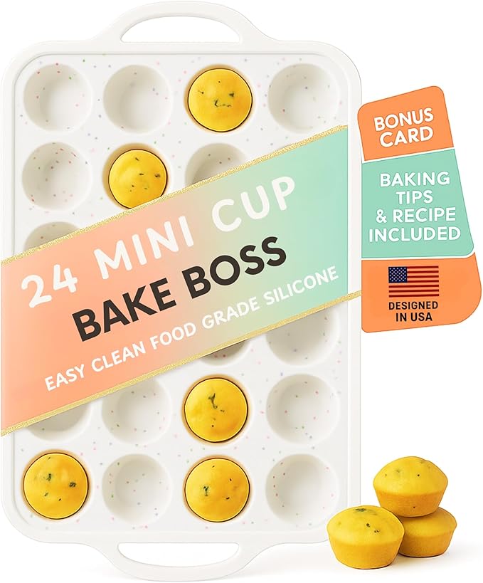 1-Pack - Silicone Mini Muffin Pan – 24-Cup, Nonstick Silicone Muffin Pans for Baking with Metal-Reinforced Handles, – BPA-Free Muffin Tin Tray for Mini Cupcakes & Snacks – Dishwasher Safe, Cream