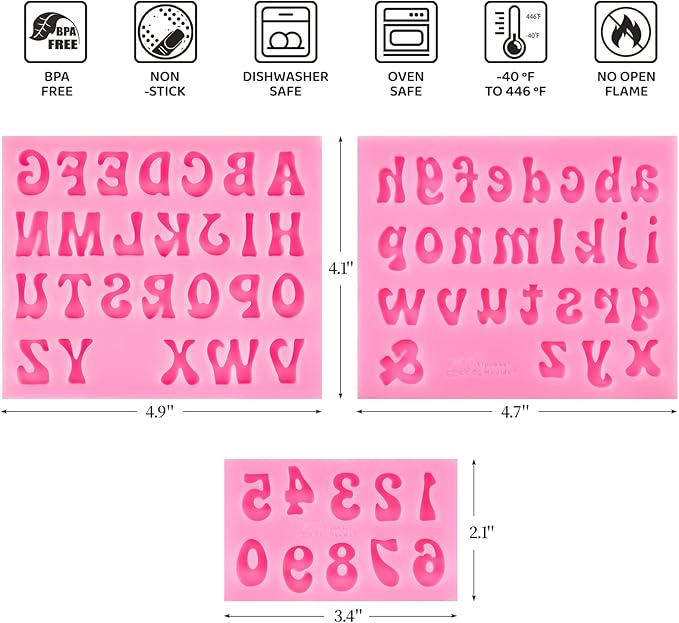 CLUEWR 4 PCS Silicone Letter Molds, Non-Stick Number and Letter Fondant Molds for Chocolate, Candy, Cake Decoration, Cupcake Topper