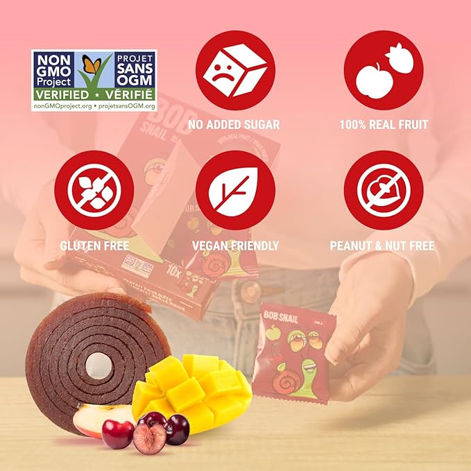 Bob Snail Fruit Roll Ups – 50 Natural Fruit Snacks (Mango & Sour Cherry), Vegan, No Added Sugar, Healthy On-the-Go Pack, 500g