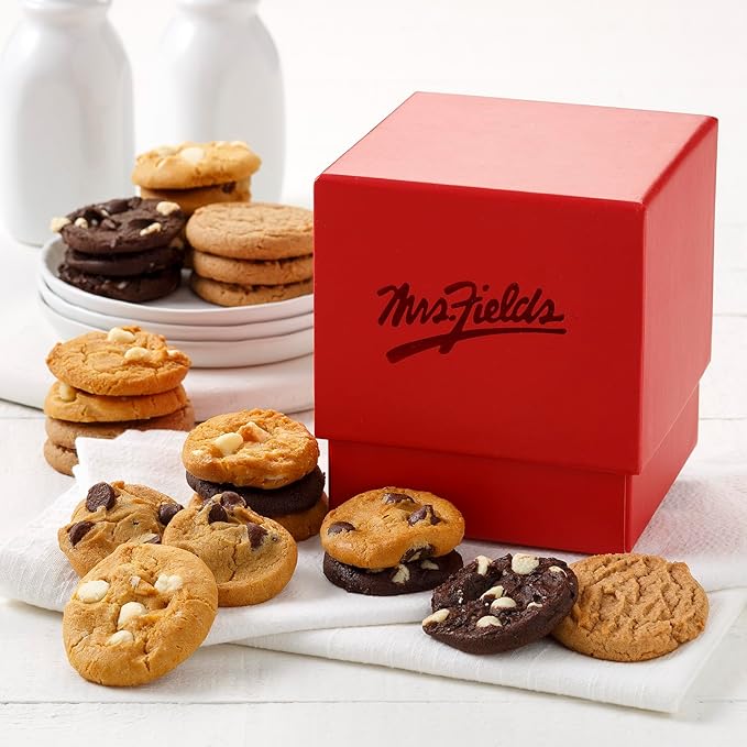 Mrs. Fields Crimson Mini Cookie Box - Assorted with 24 Nibblers Bite-Sized Cookies in 4 Signature Cookie Flavors