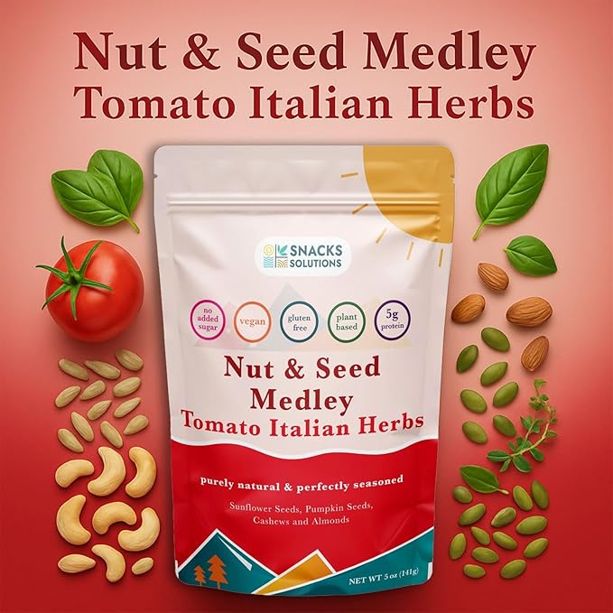 Snacks Solutions Nut and Seed Medley (5 oz -Pack of 6, Tomato Italian Herbs) Natural and Perfectly Seasoned, Sunflower Seeds, Pumpkin seeds, Cashews and Almonds, Kosher and Gluten Free