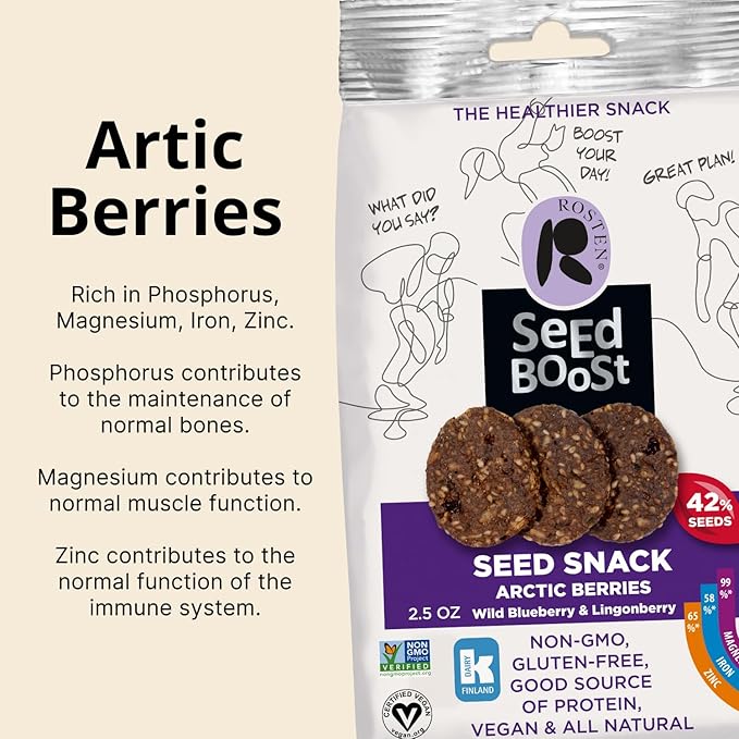 ROSTEN SeedBoost Seed Crackers (8 Pack) Artic Berries Flavor with Wild Blueberries & Lingonberries - Vegan, Non-GMO, Gluten Free (2.5oz Each)