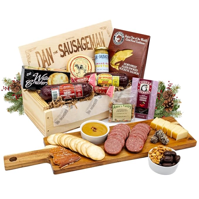 Dan the Sausageman's Signature Gift (Favorite) Gourmet Gift Basket Featuring Smoked Summer Sausage, Savory SeaBear Salmon, Wisconsin Cheese, Sweet Hot Mustard, and a Reuseable Keepsake Wood Pine Crate