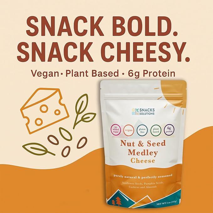 Snacks Solutions Nut and Seed Medley (5 oz -Pack of 6, Cheese) Gluten Free, Natural and Perfectly Seasoned, Sunflower Seeds, Pumpkin seeds, Cashews and Almonds