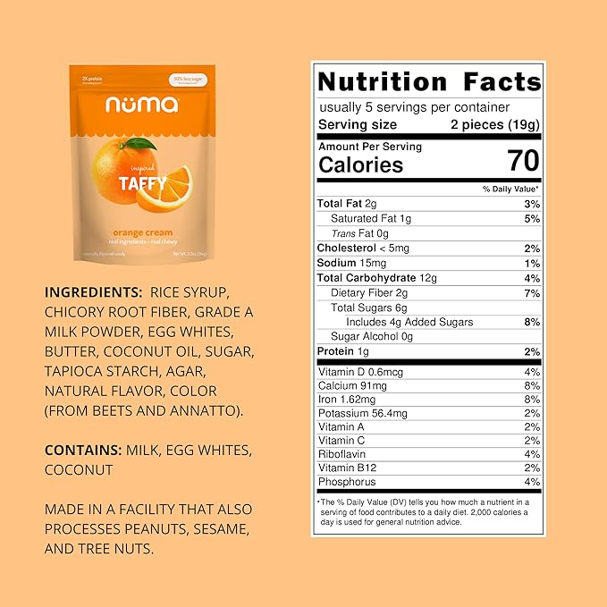 Numa Taffy Candy – Orange Cream Made with Real & Simple Ingredients – Low Sugar, High Protein, Low Calorie, All Natural & Gluten Free Nutritious Taffy – 3 bags with 10 Individually Wrapped Chews Each