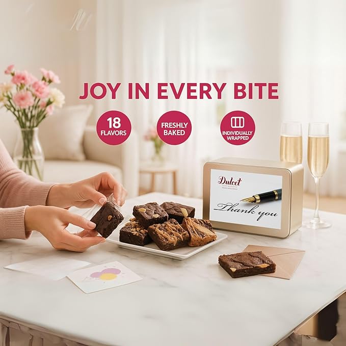 Congratulations Gift Basket - 8 Individually Wrapped Brownies Freshly Baked in a Variety of Flavors - Dulcet's Signature Flavored Fudge Brownies - Gift Box Comes with Congratulations Card