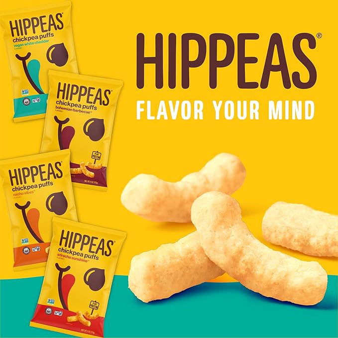 HIPPEAS Chickpea Puffs, Groovy White Cheddar, Gluten Free Snacks, Dairy Free, Vegan, 0.8oz, Pack of 30, 3g Protein, 2g Fiber, Crunchy, Nutritious, Baked Plant Protein Snack, Non-GMO, Kosher