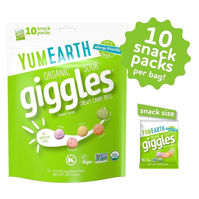 YumEarth Organic Sour Giggles Chewy Candy – Allergy Friendly, No Artificial Dyes, Non GMO, Gluten Free, Sour Fruit Flavored, Vegan Candy Snacks 0.5 oz (Pack of 120)