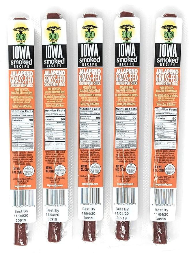 Jalapeño - Iowa Smoked Recipe, Sogo Snacks, Sugar Free Beef Jerky, Non-GMO Grass Fed Beef Sticks. No Nitrates, Gluten, Soy, MSG, Dairy, or Nuts. Paleo, Whole30, & Keto Snack (Jalapeno-ISR, 12 Cnt)