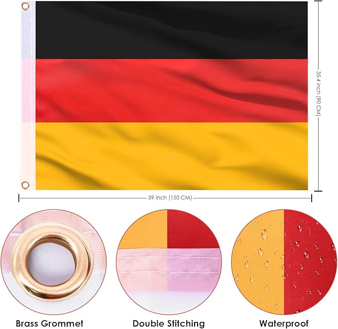 AhfuLife German Flag 3 x 5 Ft, Large Germany Flag for Outside - Double Side with Brass Eyelets for Olympic Party Decorations, Oktoberfest Bar Garden Street Decoration Indoor Outdoor
