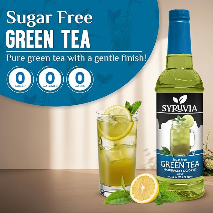Syruvia Sugar Free Green Tea Flavored Syrup for Drinks, Cocktails, Lemonades, Iced Teas and Desserts – 25.4 fl oz