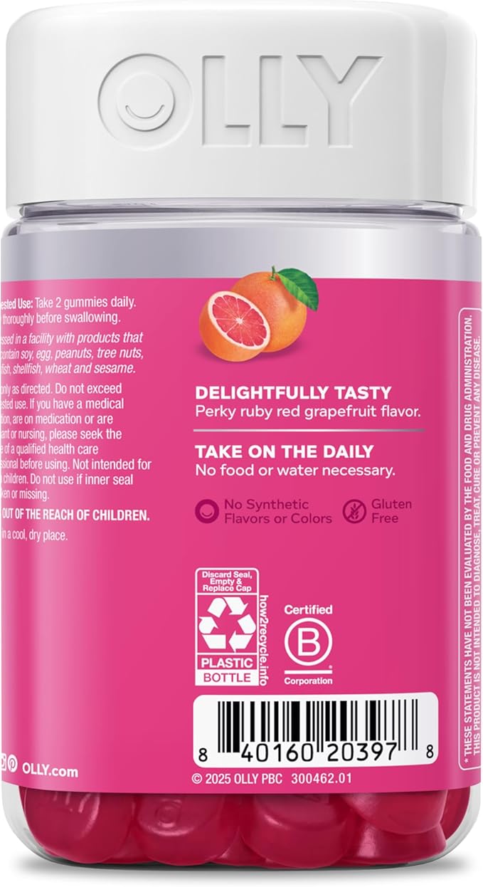 OLLY Undeniable Beauty Gummy, for Healthy Hair, Skin & Nails,* Biotin, Vitamins C & E, Keratin, Chewable Supplement, Grapefruit Flavored, 60 Day Supply - 120 Count