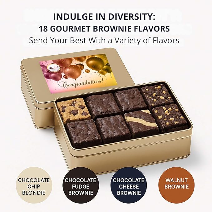 Congratulations Gift Basket - 8 Individually Wrapped Brownies Freshly Baked in a Variety of Flavors - Dulcet's Signature Flavored Fudge Brownies - Gift Box Comes with Congratulations Card