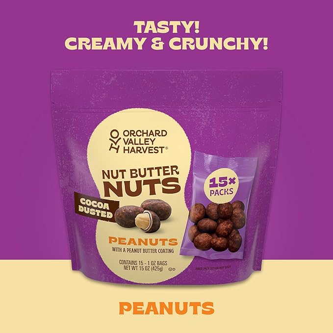 Orchard Valley Harvest Nut Butter Nuts Cocoa Dusted, Peanut Butter Coated Peanuts, 1oz Bags (Pack of 15), Made with Real Peanut Butter, Perfect On-The-Go & Portion Control Snack
