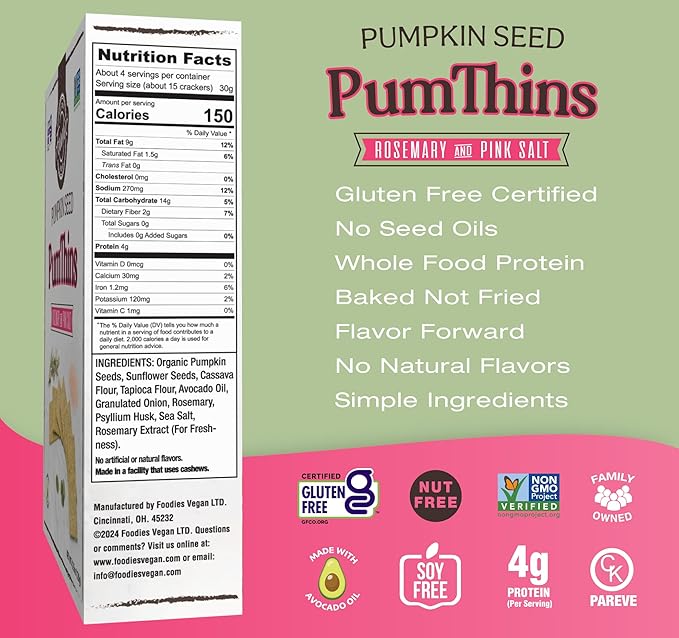 Foodies PumThins Rosemary & Pink Salt Crackers, Gluten Free, Made with Organic Pumpkin Seeds, No Seed Oils, Healthy, Paleo Friendly, 4.25 oz 3-Pack