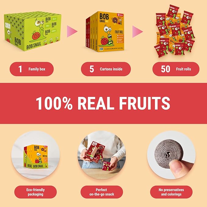 Bob Snail Fruit Roll Ups – 50 Natural Fruit Snacks (Mango & Sour Cherry), Vegan, No Added Sugar, Healthy On-the-Go Pack, 500g