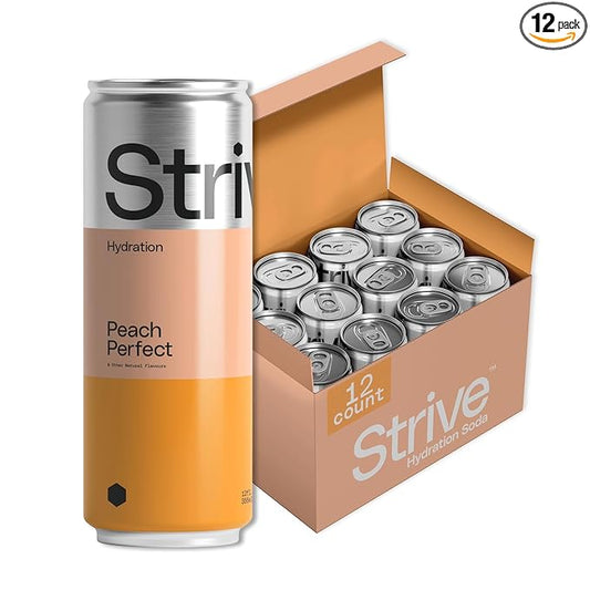 Strive Soda Peach Perfect - Sparkling Hydration Soda with Electrolytes & Organic Honey - Peach & Lemon Naturally Sweetened Drink - No Artificial Sweeteners or Preservatives - 12 Pack Cans