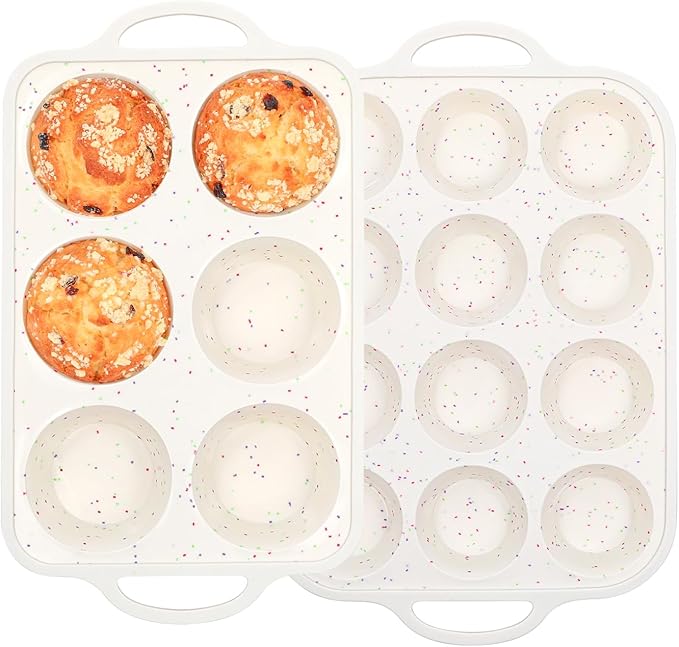 Fimary mary Silicone Muffin Pan with Metal Reinforced Frame - Mini Muffin Pan for Homemade Muffins, Cupcakes, and Bread, Oven and Dishwasher Safe - Set of 2, 6-Cup and 12-Cup