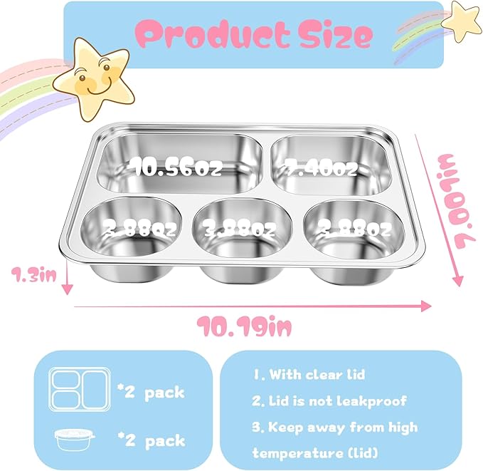 Stainless Steel Divided Plate for Kids Toddler, Non Toxic Portion Control Plate Dinner Plate with Lid for Adults Weight Loss, 2 Pack 5 Sections Rectangular Snack Plate Tray