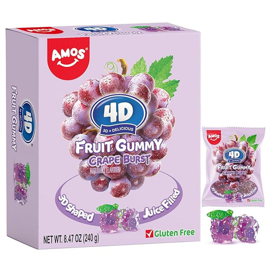 AMOS 4D Gummy Candy Grape Burst – 3D Grape Shaped, Jelly-Filled, Natural Flavor Fruit Gummy – 240g Box (Pack of 10) – Fruit-Filled Gummy Treats for Kids & Adults – Perfect for Parties & Gift Bags