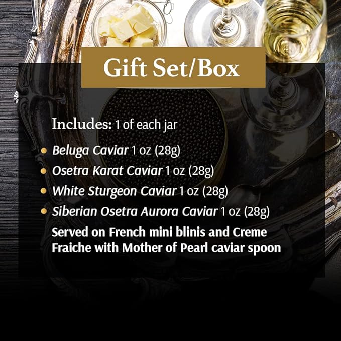 OLMA Imperial Caviar Gift Set - 4 oz (112g) of Caviar, Includes: Beluga, Osetra Caviar, White Sturgeon, Siberian Osetra Aurora & Serving Spoon & Blinis - Superior Grade Fresh Roe Fish Eggs