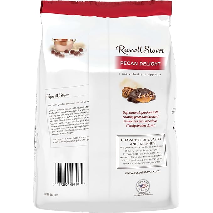 Russell Stover Pecan Delight Gusset Bag 16.10 Ounce Russel Stover Milk Chocolate Covered Candy Pack, Crunchy Pecans and Buttery Caramel Covered In Sweet Milk Chocolate Candy, Individually Wrapped