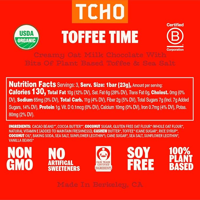 TCHO Toffee Time 53% Oat Milk Chocolate Bars (5 pack) | Plant Based, Organic & Fair Trade, | Non GMO, Non-Dairy, Vegan Chocolate, Soy Free (2.5oz each)