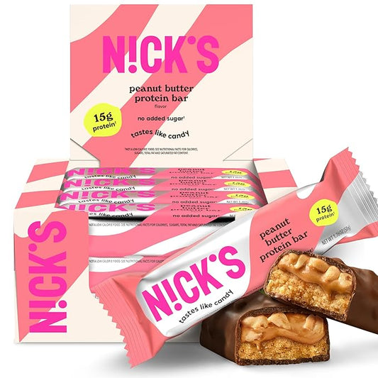 Nick’s Protein Bars Peanut Butter – 12-Count Box | High Protein, Low Calories, Low Carbs, Keto Friendly, No Added Sugar (12 bars x 50g)