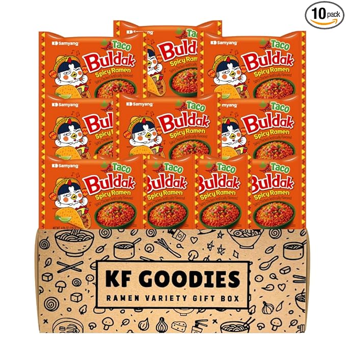 KF GOODIES Korean Ramen Variety Pack Gift Box (10 Count) – Spicy Buldak Noodle Assortment for Birthdays, College Care Packages, Office Snacks, and Gift Baskets