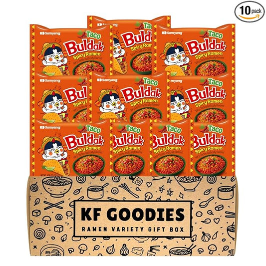 KF GOODIES Korean Ramen Variety Pack Gift Box (10 Count) – Spicy Buldak Noodle Assortment for Birthdays, College Care Packages, Office Snacks, and Gift Baskets