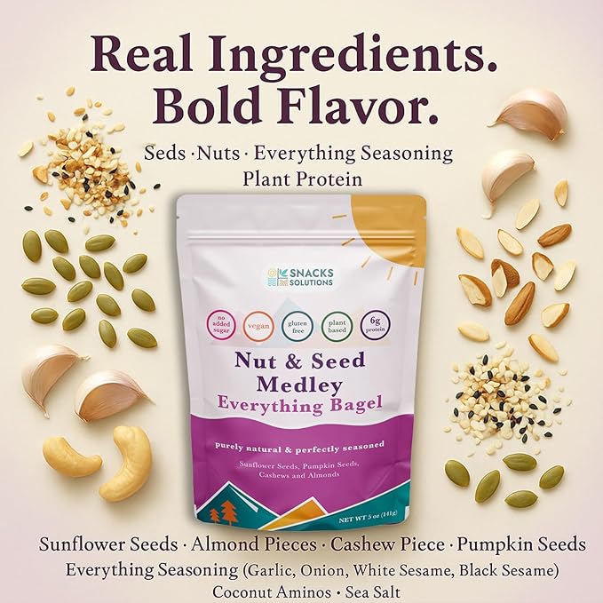 Snacks Solutions Nut and Seed Medley (5 oz -Pack of 6, Everything Bagel) Gluten Free, Natural and Perfectly Seasoned, Sunflower Seeds, Pumpkin seeds, Cashews and Almonds