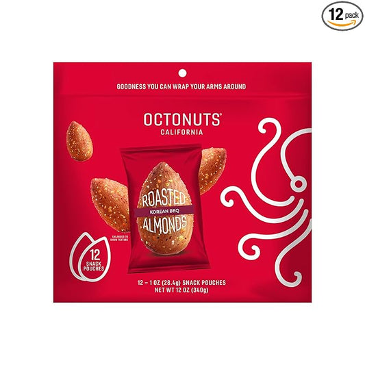 Octonuts Korean BBQ Almonds – 12 Individually Wrapped Snack Packs (1oz Each), Healthy Snacks for Adults and Kids, Non-GMO, Keto and Gluten-Free, Roasted in Cold Pressed Olive Oil