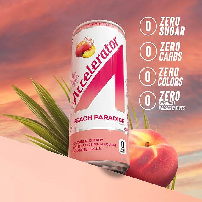 Accelerator Energy Drink, Peach Paradise 12oz can (12 pack), Zero Sugar, Sustained Energy from 100% Natural Caffeine (200mg from Green Coffee Bean & Green Tea extract)
