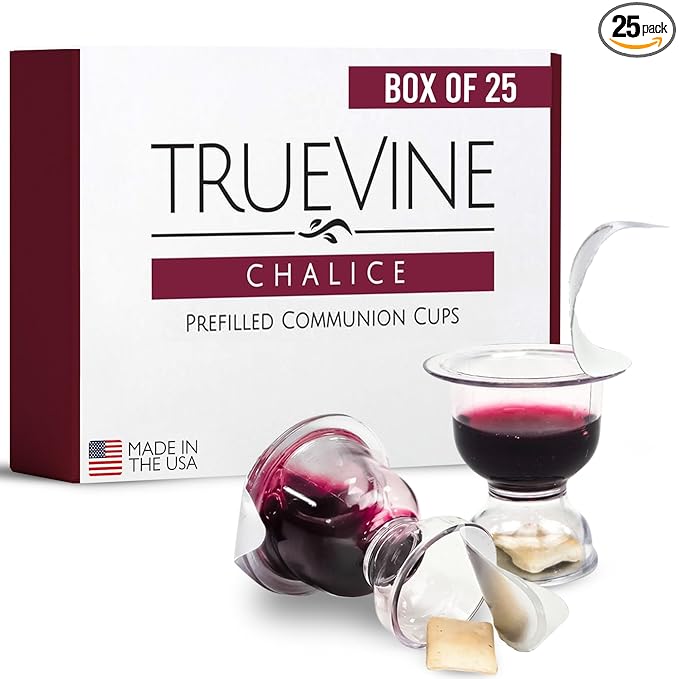 TrueVine Chalice Communion Cups and Wafer Set - Prefilled Cups w/ Fresh Unleavened Bread & Grape Juice - Carefully Packaged & Easy to Open Elements for your Church Services, Fits in Trays (25 Count)