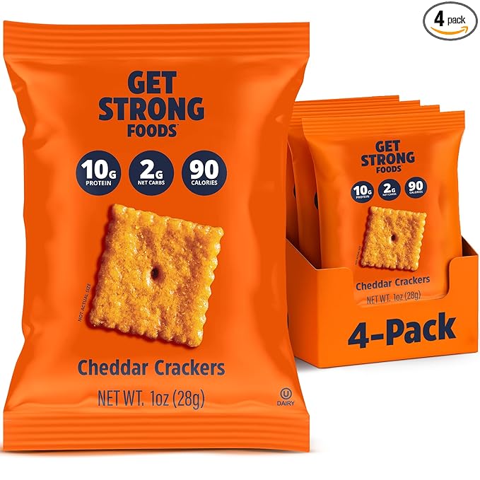 Get Strong Foods Cheddar Cheese Crackers - High Protein Crackers - Keto Friendly, Low Carb, High Fiber Cheese Crisp - Low Calorie, Healthy Snack for Adults and GLP-1, Pack of 4