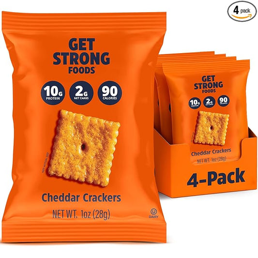 Get Strong Foods Cheddar Cheese Crackers - High Protein Crackers - Keto Friendly, Low Carb, High Fiber Cheese Crisp - Low Calorie, Healthy Snack for Adults and GLP-1, Pack of 4