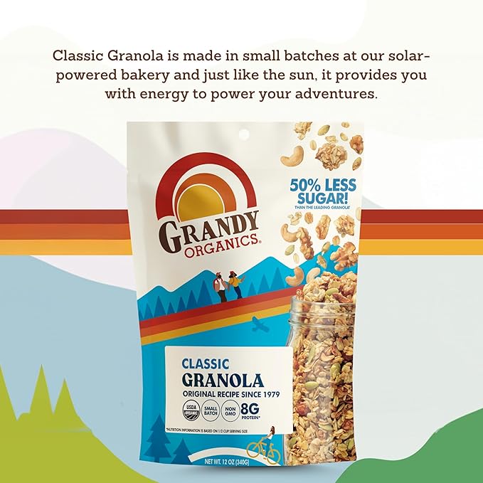 Grandy Organics Classic Granola, Certified Organic Granola Cereal, Low Sugar - Made with Oats, Pumpkin Seeds, Walnuts and Cashews, 12oz Bags, Bulk Pack of 3