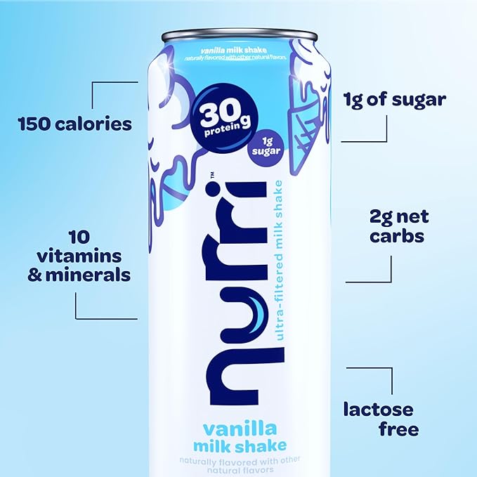 Nurri - 30g Protein Ultra Filtered Milk Shake – Vanilla - Lactose Free, Low Sugar, 150 Calories, 10 Vitamins and Minerals - 11 fl oz, 12 Cans