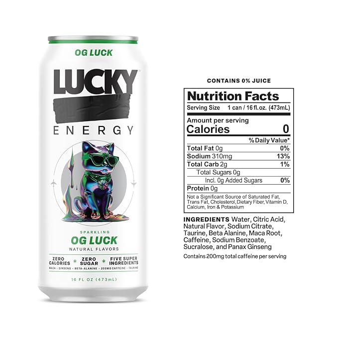 Lucky Energy Sugar Free Energy Drinks, OG Luck, 16oz Cans (12-Pack) Healthy, Zero Sugar Energy Drink with Maca, Ginseng, Beta-Alanine, Taurine & 200mg Caffeine
