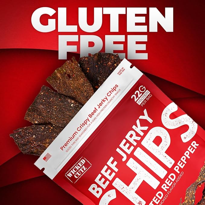 Wicked Cutz Roasted Red Pepper Beef Jerky Chips, 22g Protein per Bag, Crispy & Crunchy Beef Jerky Crisps, USA Made Pepper Flavored Chips, High Carnivore Snacks (2 Bags)
