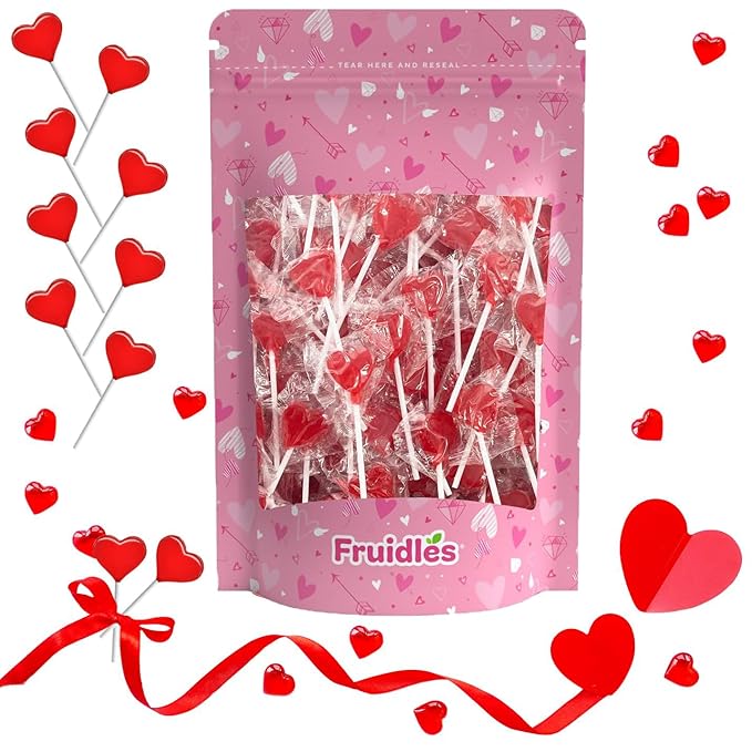 Fruidles Valentine's Heart Lollipops Candy, Red Heart Shaped Hard Candy Lollipop Suckers, Individually Wrapped, 12g Lollipop (Half-Pound)