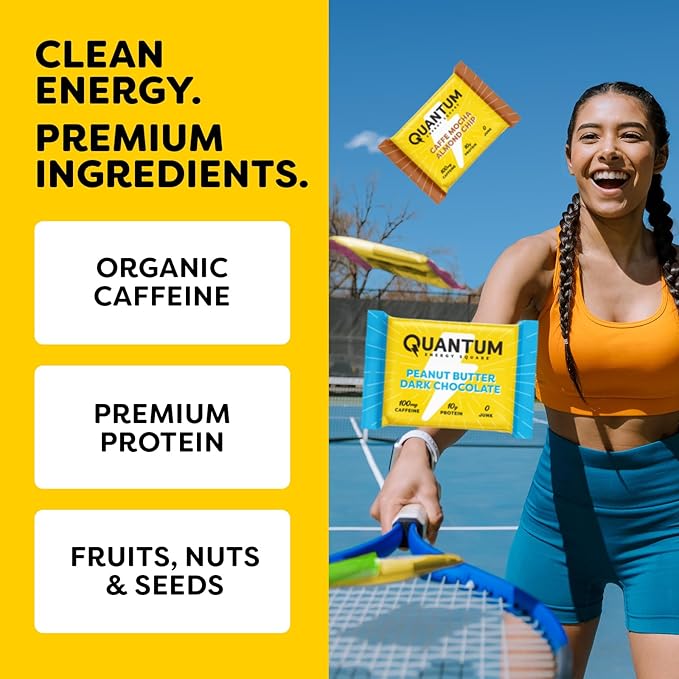 Quantum Energy Square: Energy Bar with Caffeine & 10g Protein. Delicious Healthy Snack On The Go. (Vegan, Gluten-free, Soy-free, Dairy-free) (Salted Peanut Butter Crunch)