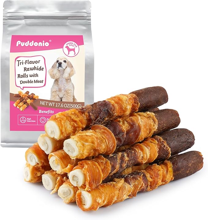 Puddonio Dog Treats, Triple Flavor 6 Inch Rawhide Rolls, Chicken Duck and Chicken Liver Wrapped Rawhide Dog Chews, Suitable for Medium Dogs, 17.6 oz