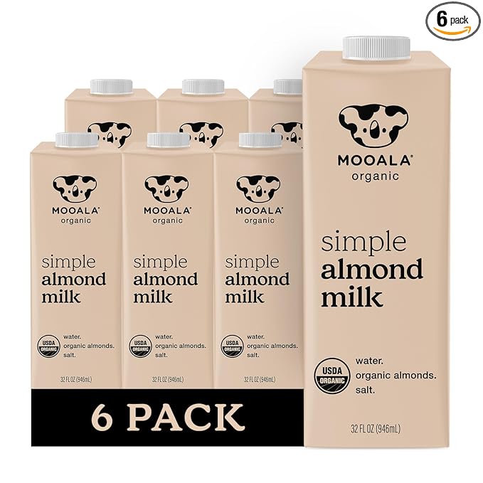 Mooala Organic Simple Almond Milk, 32oz - 3 Ingredient, Shelf Stable, No Gums, No Oils, No Fillers, Unsweetened, Non-GMO, No Additives, Dairy Free Plant Based Milk, 6 pack