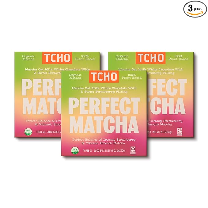 TCHO Perfect Matcha Chocolate Bar 3 Pack - Organic Oat Milk Chocolate with Matcha Shell and Strawberry Filling - Plant-Based Non-GMO