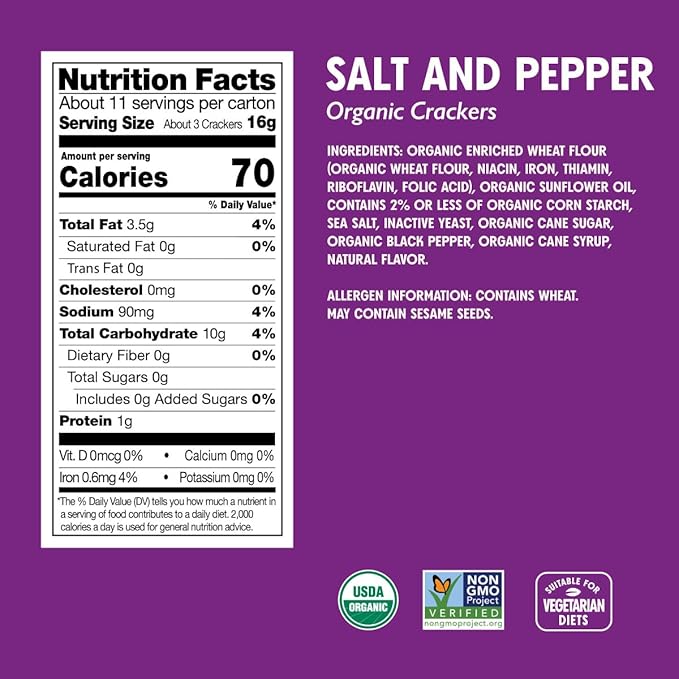 Milton's Organic Crackers, Salt & Pepper - Certified Organic, Non-GMO Project Verified, Kosher, Great for Charcuterie Boards - 6 Oz