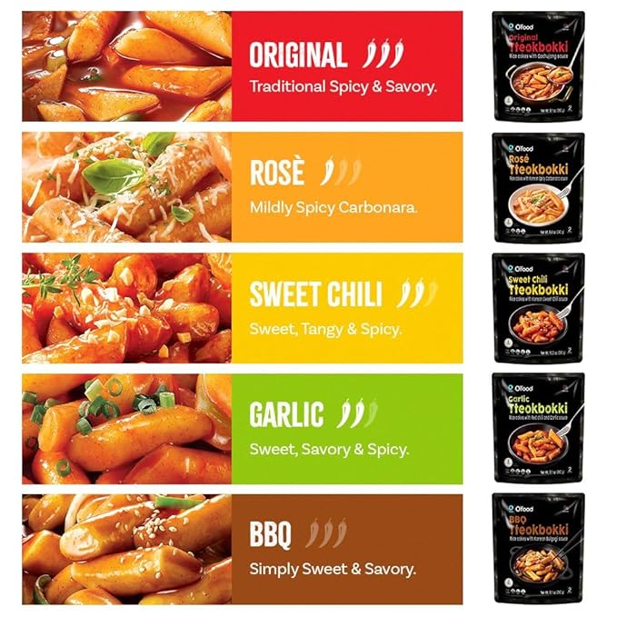 Tteokbokki Korean Rice Cakes – [Sweet Chili | Pack of 1] – Gluten Free | Ready in 3 Minutes | 0 Cholesterol/ 0 Trans Fat | 2 Servings Spicy Street Snack | Healthy/Savory/Spicy - O’food