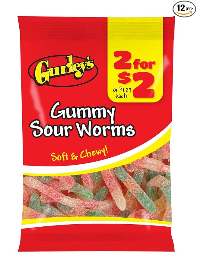 Gurley's Sour Gummi Worms, Dual-Flavored, Chewy Treats (Pack of 12)
