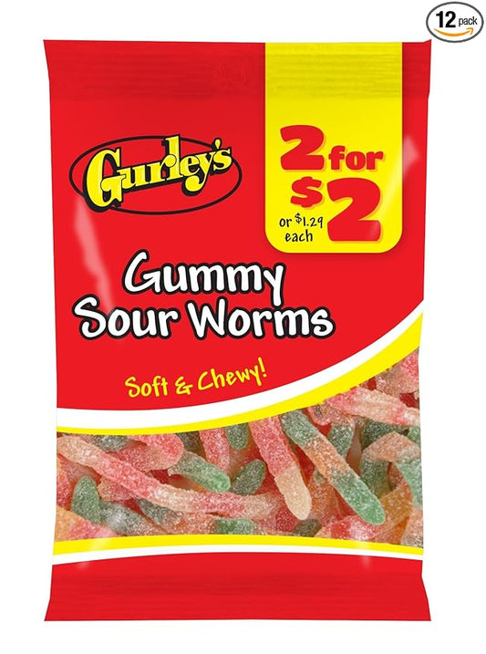 Gurley's Sour Gummi Worms, Dual-Flavored, Chewy Treats (Pack of 12)