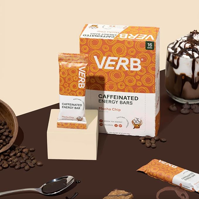 Verb Caffeinated Energy Bars Mocha Chip (26g, Pack of 16) 110-Calorie Delicious Low Sugar Energy Bar - Vegan Gluten Free On-the Go Snack with 80mg Green Tea Caffeine, Only Real-Food Ingredients